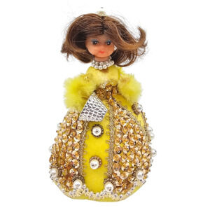 Vintage Mid Century Walco Li'l Missy beaded sequin doll Gold Yellow Dress